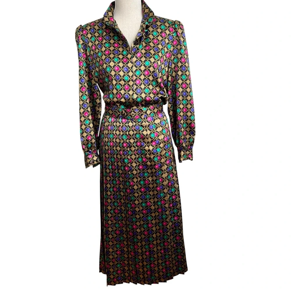 Vintage Pleated Medallion Print Jewel Tones Dress Size 8 - Picture 14 of 15